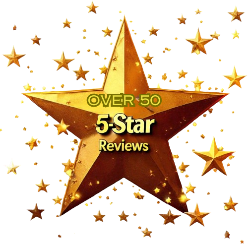 A bright star with the text "over Fifty 5-Star reviews" surrounded by a field of smaller stars, making it look 3D.