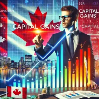 A financial advisor pointing to a chart with rising bars labeled 'Capital Gains' with Canadian symbols like the maple leaf and currency notes. The background includes a modern office setting with a Canadian flag and financial books, emphasizing the concept of capital gains tax Canada.