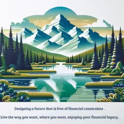 A serene landscape illustration of mountains, forests, and lakes with the text 'Designing a future that is free of financial constraints. Live the way you want, where you want, enjoying your financial legacy.