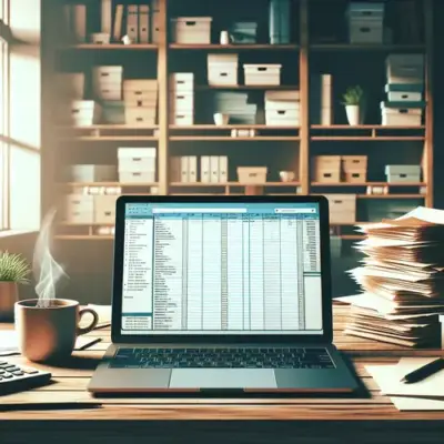 A home office desk with a laptop displaying a spreadsheet, stacks of paperwork, and a coffee mug, symbolizing the simplified home office deduction process.