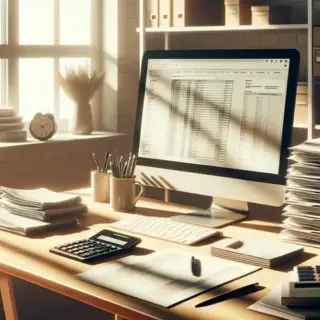 A well-lit home office with a desktop computer displaying a spreadsheet, paperwork, and a calculator, illustrating the simplified home office deduction process.