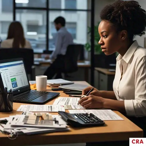 figuring small business tax laws A small business owner looking at a pile of tax forms, trying to maximize her business deductions in the Canadian business tax laws. There is a small logo that mentions the CRA in the bottom right corner.