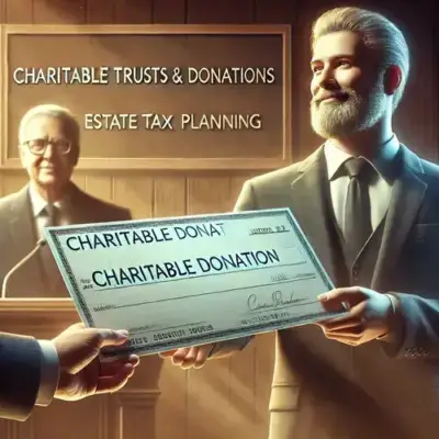 A philanthropist hands a large check labeled 'Charitable Donation' to a representative of a charitable organization, with a plaque in the background reading 'Charitable Trusts & Donations,' symbolizing the tax benefits of charitable giving in estate tax planning.