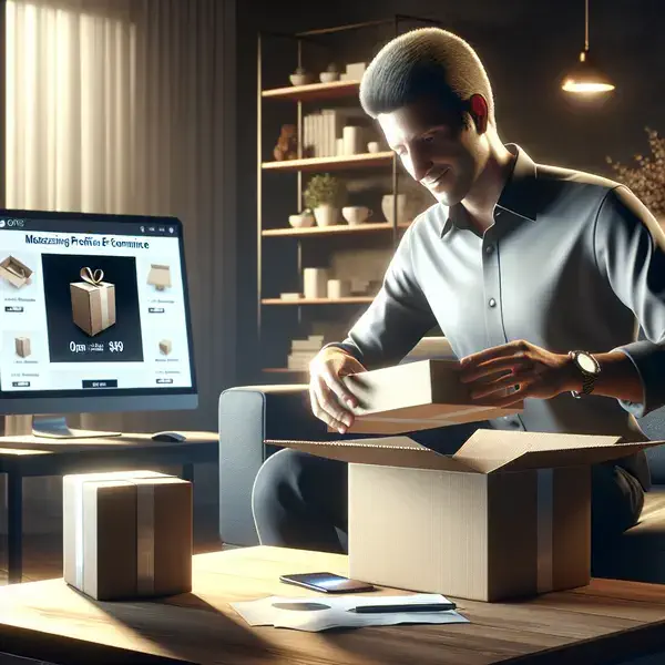 A man is seated in a well-lit room, carefully unboxing a cardboard package on a wooden table. In the background, a computer screen displays an online store with an item titled 'Maximizing Profits in E-commerce' and a price of $49. Sheets of paper and a smartphone are placed on the table. The room features modern decor with shelves holding plants and white ceramics, and a hanging lamp adds to the ambiance. The scene suggests a focus on e-commerce and online business, relevant to Canada's economic discussions such as the #CanadaBudget2024.