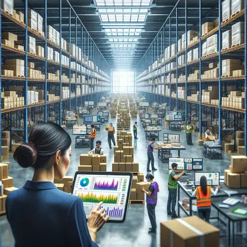 A large warehouse filled with tall shelves stocked with boxes and various items. Workers in safety vests are actively engaged in different tasks such as packing, scanning, and using computers. In the foreground, a woman holds a tablet displaying colorful graphs and charts, potentially related to financial data or logistics. The scene appears organized and busy, with a bright light shining through windows near the ceiling of the warehouse. The context suggests activities related to budget and financial planning, appropriate for the [CanadaBudget2024] article.