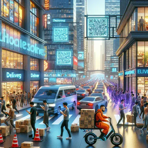 A bustling, futuristic city scene is depicted with crowded sidewalks, traffic, and tall buildings adorned with vibrant digital advertisements and QR codes. A man on an electric scooter loaded with packages navigates the street, while pedestrians engrossed in their smartphones cross the road amid scattered delivery boxes. The atmosphere reflects a hyper-connected, tech-centric society. [CanadaBudget2024]