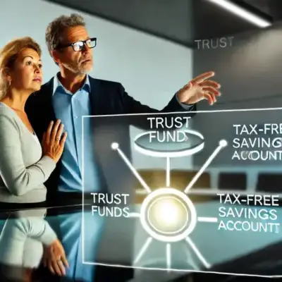 A financial planner explains trusts and tax-free savings accounts to a middle-aged couple, using a touch-screen display in a modern office setting, highlighting the importance of estate tax planning.