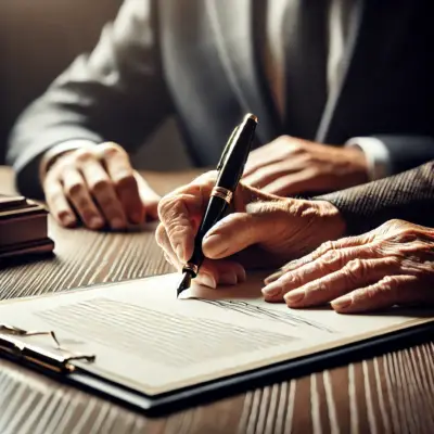 A close-up of an elderly person’s hand signing a formal will document with a fountain pen on a wooden desk, guided by a lawyer’s hand, symbolizing the estate tax planning process.