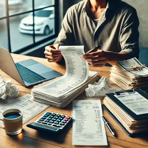 A business owner in a modern home office is carefully organizing a pile of receipts, invoices, and financial documents on their desk. The workspace features a laptop, a cup of coffee, a calculator, and visible tax forms, symbolizing preparation for GST/HST filings. The bright office has a view of the city through a large window, indicating a calm and focused working environment.