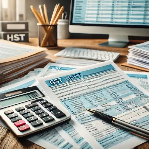 A close-up shot of Canadian GST/HST tax forms laid out on a wooden table, accompanied by a pen, calculator, and a stack of organized papers. In the background, an online tax software interface is visible on a computer screen, showing detailed tax calculations and filings for GST/HST.