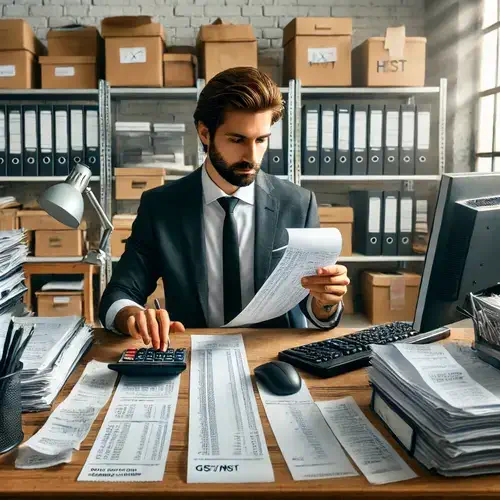 An accountant in a professional office is reviewing receipts and calculating input tax credits for GST/HST. The desk is cluttered with receipts, office supplies, and equipment, while the accountant uses a calculator and looks at tax software on a computer screen. The background features shelves filled with financial documents and accounting books, illustrating a busy tax office environment.