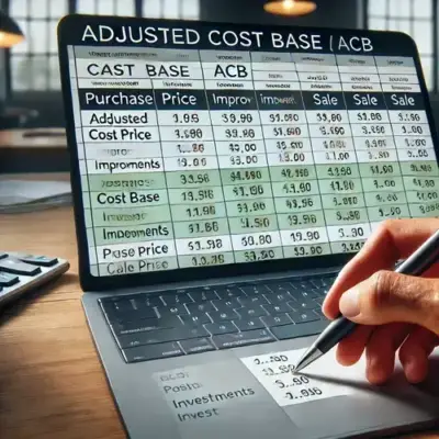 Ultra-realistic image of a laptop displaying a spreadsheet with Adjusted Cost Base (ACB) calculations, alongside a hand writing investment figures on a notepad, in a professional office setting.