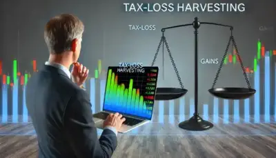 A man is reviewing his stock portfolio on a laptop, with a graph showing losses offset by gains. He is making decisions about selling underperforming assets. In the background, a balance scale tilts toward gains, symbolizing a strategic approach to tax-loss harvesting.