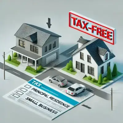 Aerial view of a modern house and a small business labeled 'Principal Residence' and 'Small Business', with arrows pointing to a tax form stamped 'Tax-Free', symbolizing exemptions from capital gains taxation