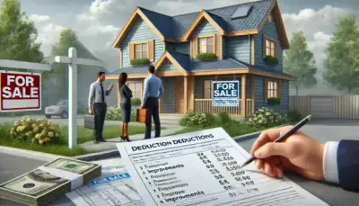 A real estate agent explains tax deductions to a couple in front of a home with a 'For Sale' sign. Documents outlining improvement deductions are visible, with a blueprint of the house in the background highlighting the upgrades made. The image illustrates the tax-saving strategies involved in real estate sales.