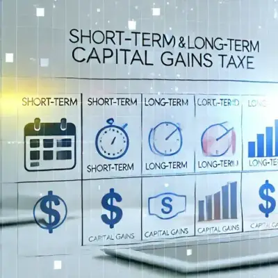 Detailed chart comparing short-term and long-term capital gains tax rates with icons for a calendar, dollar signs, and a timeline, representing capital gains calculation.