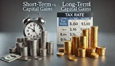 Two piles of coins side by side, one smaller representing short-term gains and the other larger representing long-term gains. A clock next to the larger pile symbolizes patience, with a calendar displaying one year. Tax rate percentages are shown next to each pile, illustrating the difference between short-term and long-term capital gains tax rates.