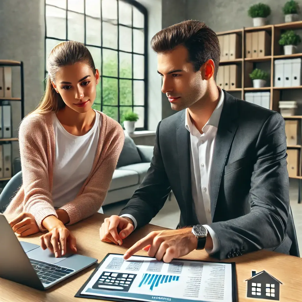 A financial consultant from Eternity Consulting sitting with a client in a modern office, reviewing mortgage options on a laptop. The consultant points to flexible rates and mortgage solutions, creating a hassle-free experience.