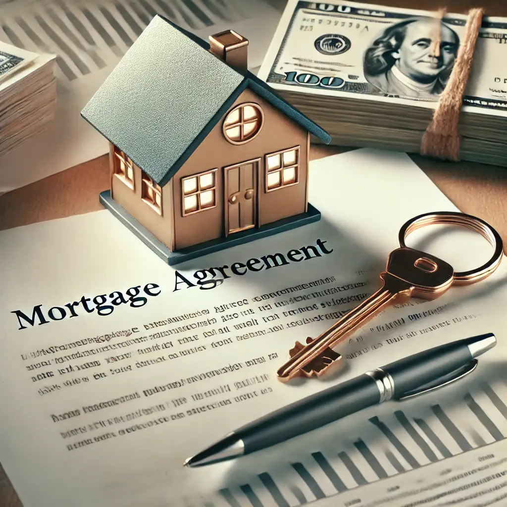 A professional scene representing mortgage financing and lending for Eternity Consulting. A house key is placed on top of a mortgage agreement document with a pen beside it. In the background, subtle financial charts and a stack of dollar bills emphasize the financial aspect of the process.