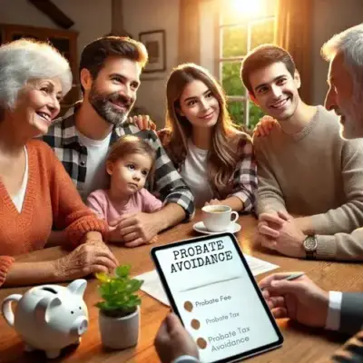 A family discusses their estate plan with a professional in a cozy home, reviewing 'Probate Fee Avoidance' strategies on a tablet, creating a warm and collaborative atmosphere focused on estate tax planning.