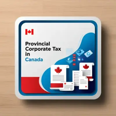 A square feature image symbolizing provincial corporate tax in Canada, with abstract financial symbols, documents, and a subtle Canadian flag element. Clean, modern design using blue and red accents, strictly no text or words.