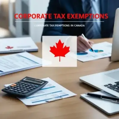 Professional image illustrating corporate tax exemptions, showing business people working with calculators, documents, and other files, along with a Canadian flag element in an office setting.