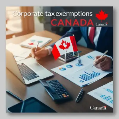 A financial expert preparing documents containing corporate tax exemptions, showing business people working with charts, a laptop, a set of guidelines, and a Canadian flag element in an office setting.