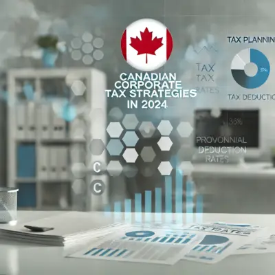 A modern representation of Canadian corporate tax strategies in 2024, featuring financial documents, pie charts, and tax symbols in an office setting.