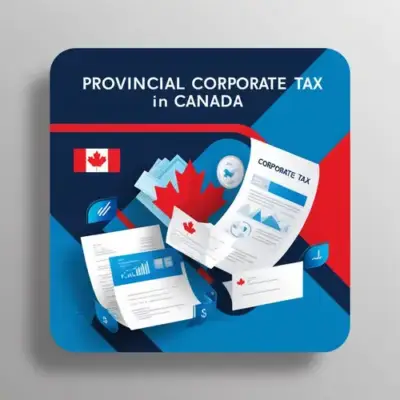 A square image representing provincial corporate tax in Canada, featuring abstract elements like tax documents, financial symbols, and a small Canadian flag motif. Styled with a professional, clean look using blue and red accents.