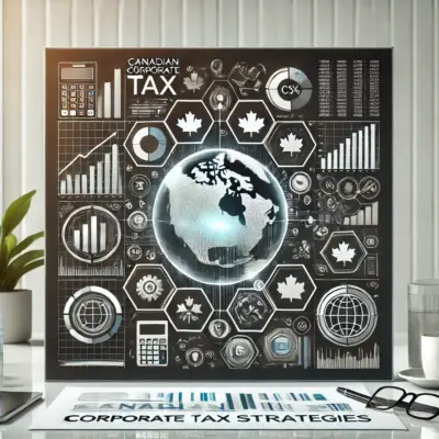 Canadian corporate tax strategies image focusing on deduction management, tax planning, and compliance, with icons representing key tax concepts and financial stability.