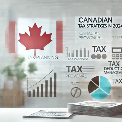 A visual overview of corporate tax strategies for Canadian businesses, showing financial planning elements, including tax forms, bar charts, and strategy symbols.