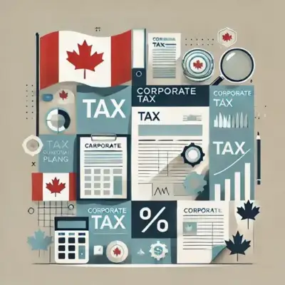 Square image visually depicting corporate tax in Canada with tax forms, financial documents, and subtle Canadian imagery in a modern, professional style.