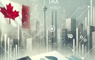 Modern financial image representing corporate tax in Canada, with abstract elements hinting at finance, documents, and the Canadian flag in a subtle, professional design.