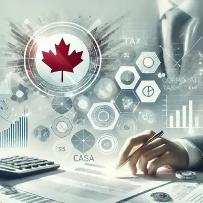 Modern image representing corporate tax in Canada with abstract financial symbols, charts, and Canadian elements, designed in a professional, neutral color scheme.