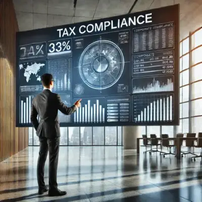  A business professional examines a large digital display with data and analytics on corporate tax compliance issues, in a modern glass-walled office setting.