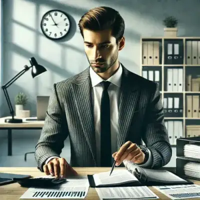 A focused businessman in a pinstripe suit analyzes financial documents at a desk with charts, folders, and office supplies, set in a modern, organized office.