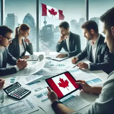 A business team in a modern office reviews documents related to corporate tax compliance in Canada. A tablet displays the Canadian flag, with cityscape and flag visible through large windows.