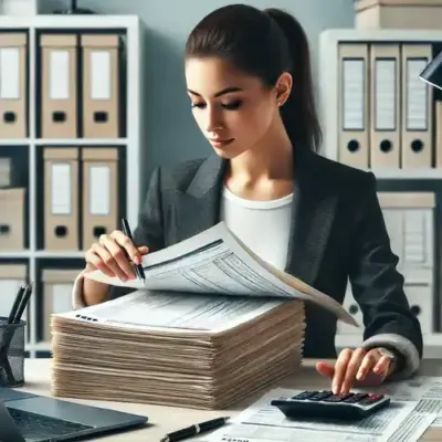 A professional woman reviews a large stack of documents related to corporate tax compliance in Canada. She uses a pen and calculator at a tidy office desk.