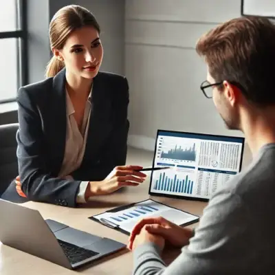  Two professionals discuss corporate tax compliance in Canada, viewing charts and financial data on a laptop and tablet. Both sit at a modern office desk.